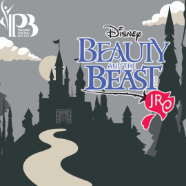 Beauty and the Beast JR Logo over black and white castle background with a path leading up to the gate.