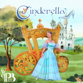 Cinderella standing in front of a golden carriage over a water color landscape.