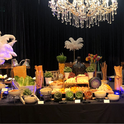 Banquet food with elegant chandelier 
