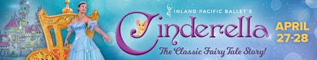 Cinderella Ballet with image of ballerina and golden stage coach April 27-28