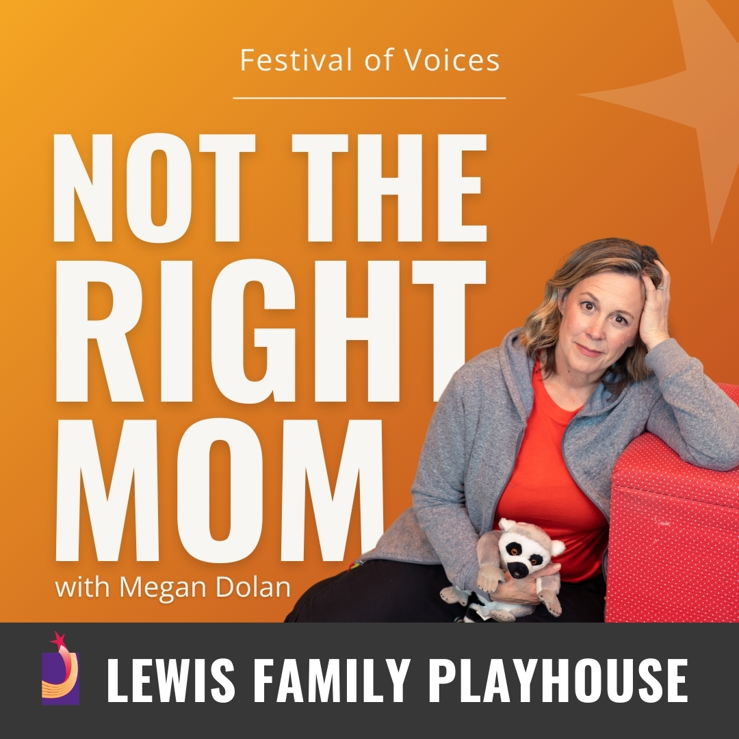 Woman holding a stuffed animal, leaning on a box. Not the right mom with Megan Dolan. Festival of Voices