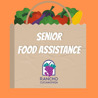 brown grocery bag filled with various vegetables and fruits. Displayed on the grocery bag is "Senior Food Assistance" with the City of Rancho Cucamonga's purple grape logo.