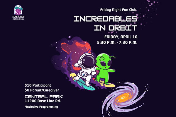 Friday Night Fun Club IncredABLES in Orbit. Image: Space background with ailen and astronaut surfing.