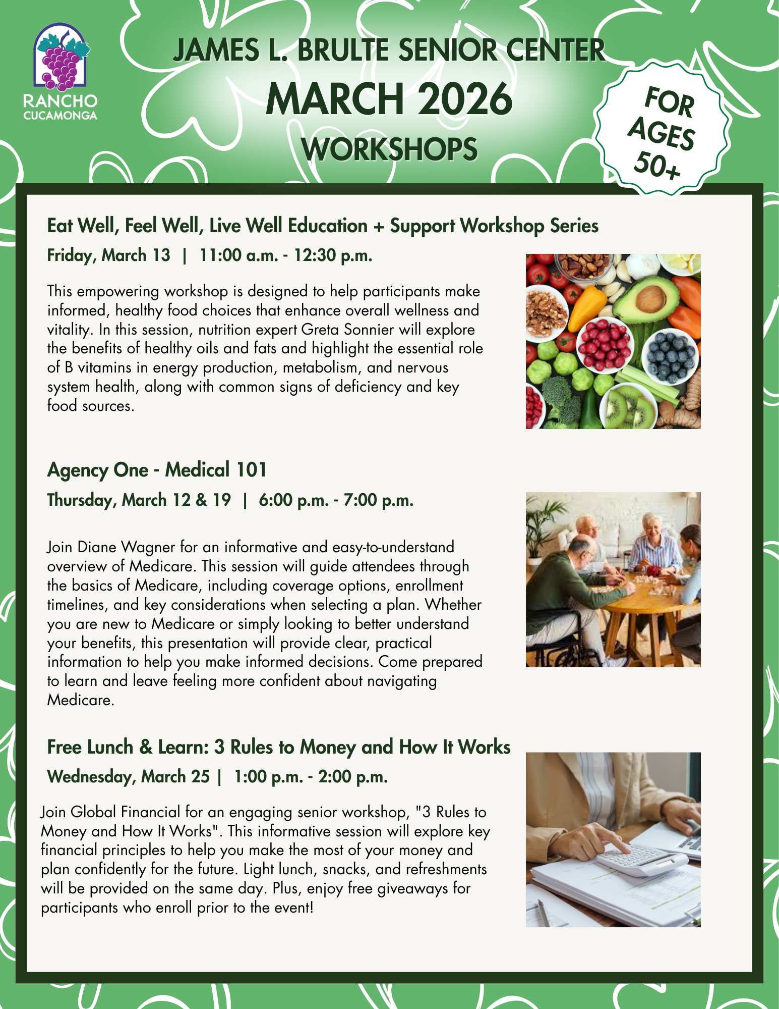 March 2026 Senior Workshop flyer in St. Patrick's theme.