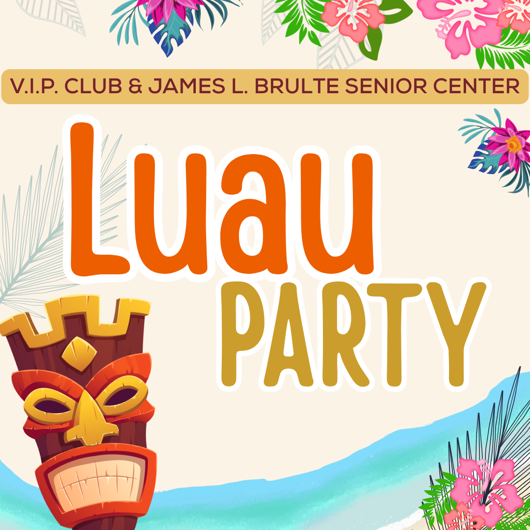 Luau Party event flyer featuring tropical flowers, a tiki mask, and details for a morning gathering at Central Park