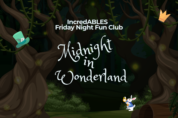 A cartoon white rabbit wearing a blue coat, holding a pocket watch. A teal top hat with a dark teal band, a gray feather, and a tag with "10/6" written on it. A stylized golden crown with red and black accents. 