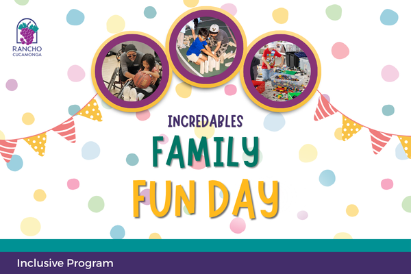 IncredABLES Family Fun Day. A white background with many scattered, colorful, hand-drawn dots in shades of pink, yellow, green, blue, and purple. A string of pennant flags in pink and yellow with striped and polka dot patterns. A person in a wheelchair is being assisted by another person in a wheelchair while holding a basketball on a wooden court. A group of people, including children, are building with LEGOs on the floor. There are several bins of LEGOs and a large creation in the center.Two children are 