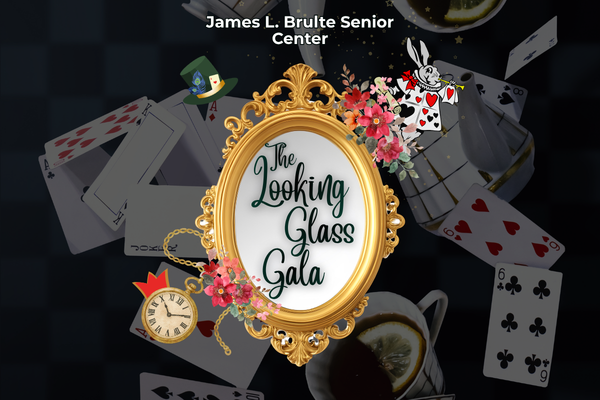 A white rabbit character in a suit adorned with heart symbols, holding a scroll and blowing a horn. A vintage pocket watch with a gold chain and Roman numerals on the face. An oval mirror with an ornate, gilded frame featuring scrolling acanthus leaf designs. A dark green top hat adorned with peacock feathers and an ace of hearts playing card. A watercolor floral arrangement with red, pink, and orange flowers and green and green and brown leaves. A stylized red crown with sharp points.