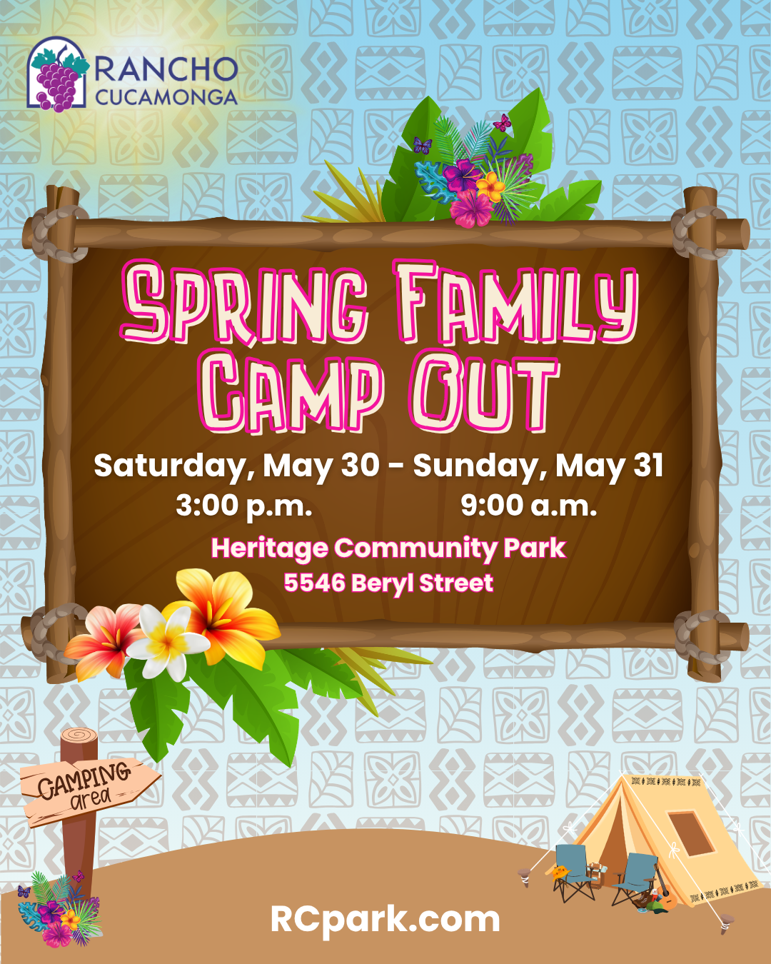 Spring Family Camp Out, Saturday, May 30 - Sunday, May 31, 3:00 p.m. - 9:00 a.m., Heritage Community Park, 5546 Beryl Street, RCpark.com