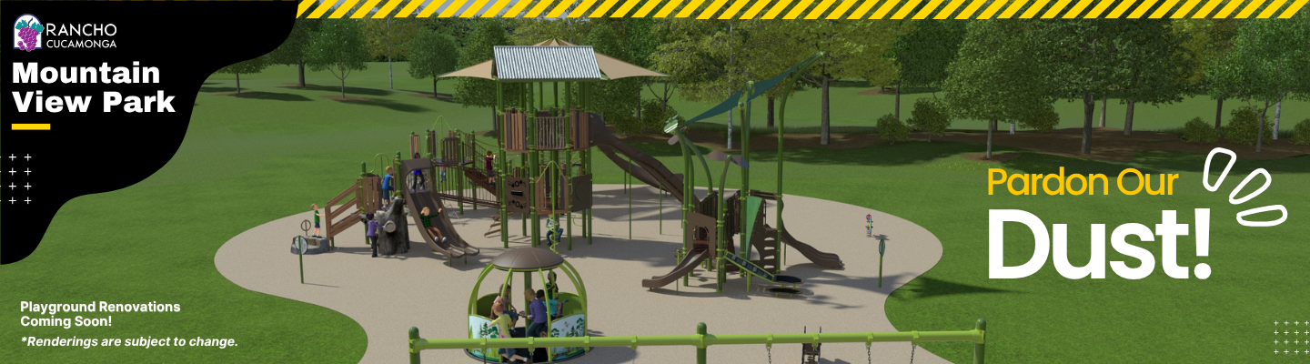 Rendering of playground remodel including slides, swings, merry go round, trees, grass, and families playing together.