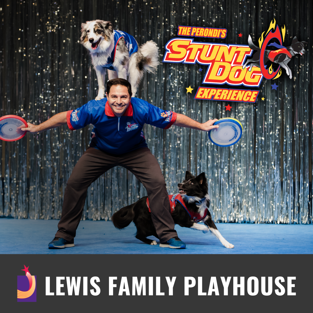 Promotional graphic for The Perondi’s Stunt Dog Experience. Image shows a performer holding two discs while two stunt dogs perform tricks, one balanced on the performer’s shoulders and another posed at the performer’s side, against a sparkly silver curtain backdrop. Footer text reads: “Lewis Family Playhouse.”
