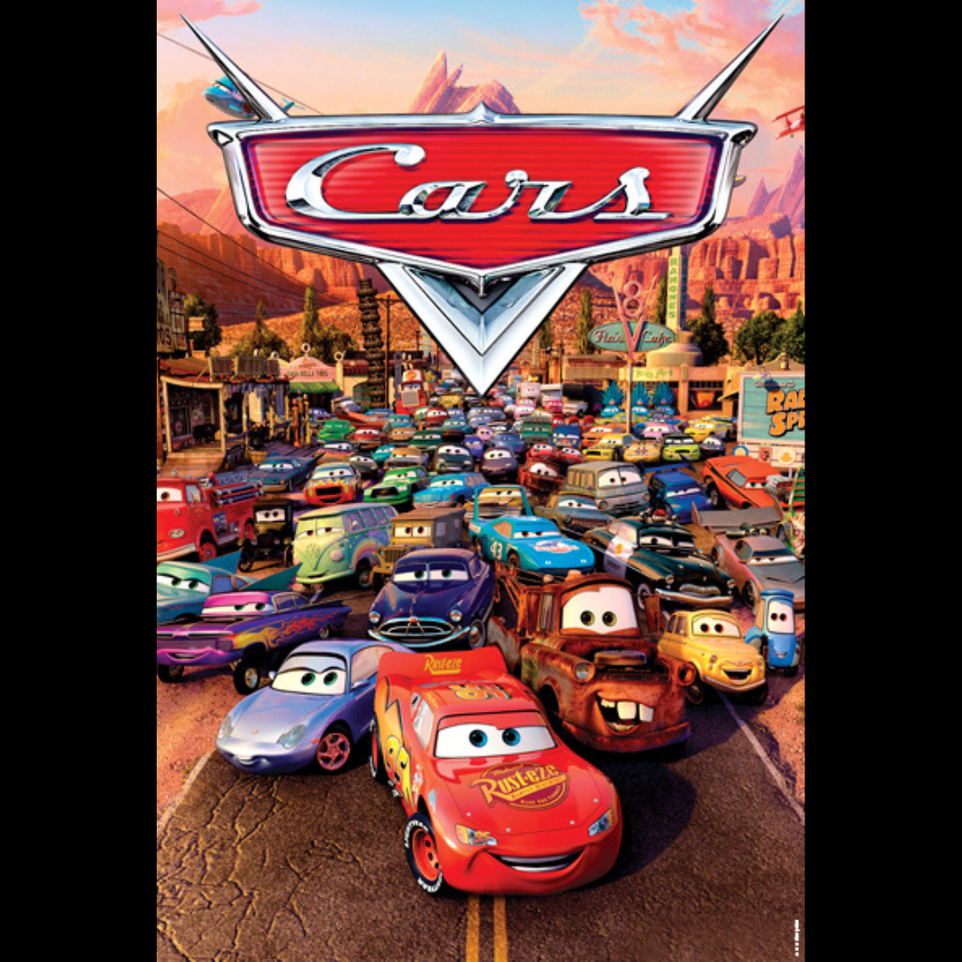 A colorful animated movie poster featuring a street in Radiator Springs filled with many cartoon cars with expressive eyes. In the foreground, several brightly colored cars face forward, including a red race car and a rusty tow truck. Behind them, a busy crowd of various uniquely designed vehicles fills the road. The background shows desert rock formations, small-town buildings, and a warm sunset sky. At the top of the poster is a shiny red emblem with chrome accents displaying the word “Cars.”
