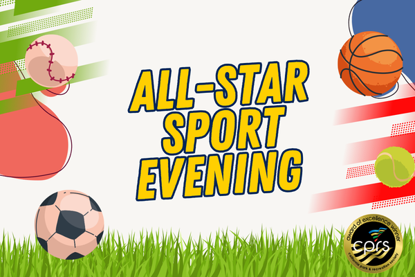 A bright graphic featuring the words “ALL-STAR SPORT EVENING” in bold yellow and blue text centered on a white background. Various illustrated sports balls—including a baseball, basketball, tennis ball, and soccer ball—surround the text. Green grass lines the bottom of the image, and a circular logo with the text “CPRS Award of Excellence” appears in the lower right corner.