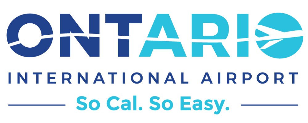 Ontario International Airport lofo in navy blue and teal colors with a plane flying through the letters. With So Cal, So Easy on the bottom.
