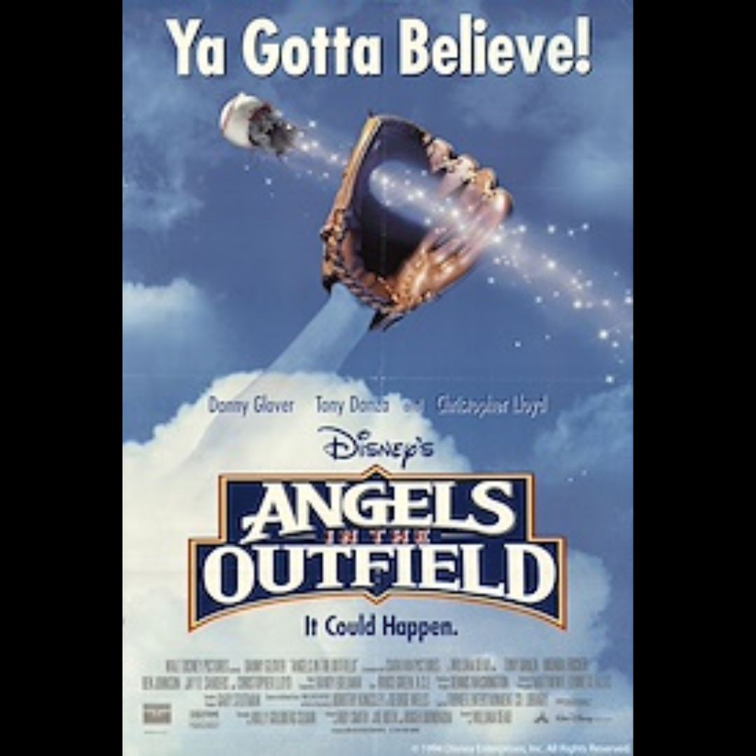 Movie poster for "Angels in the Outfield" featuring a baseball glove and ball with blue sky background and white clouds. 