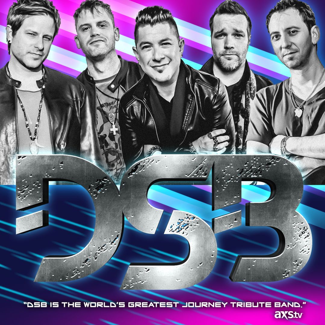 “Promotional graphic featuring the band DSB with bold metallic lettering and colorful neon accents.