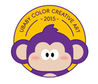 Round logo featuring a stylized purple cartoon monkey face with large ears and wide eyes inside a circular badge. The top half of the badge is yellow with the text 'UBABY COLOR CREATIVE ART – 2015' curved along the border.