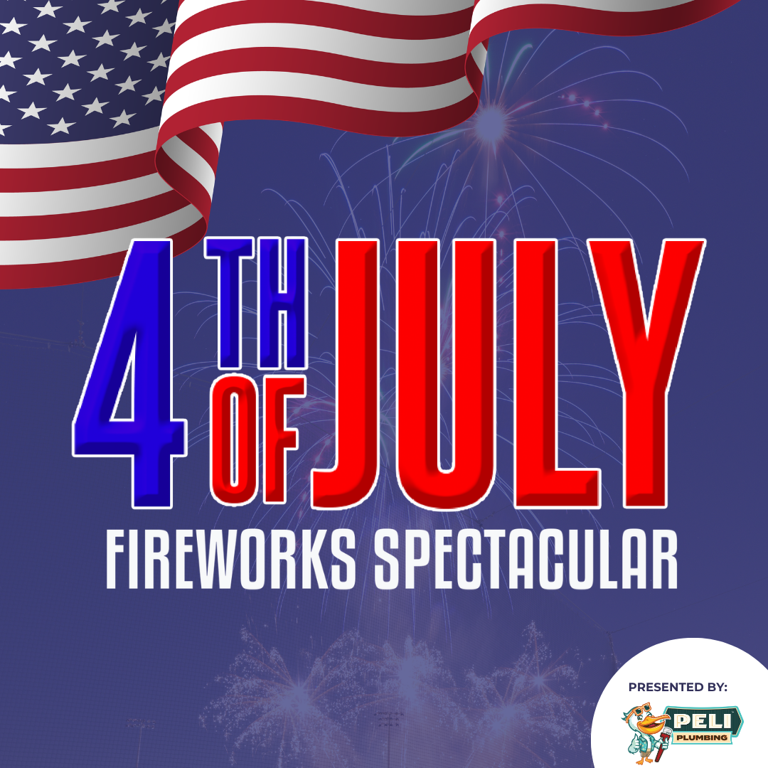City of Rancho Cucamonga's "4th of July Fireworks Spectacular." The graphic features a large American flag draped across the top, with fireworks displayed in the background against a blue sky. The event title appears prominently in the center, with "4th" in blue and "July" in red, followed by the words "Fireworks Spectacular" in white. In the lower-right corner, the graphic states "Presented By: Peli Plumbing" alongside the company logo.