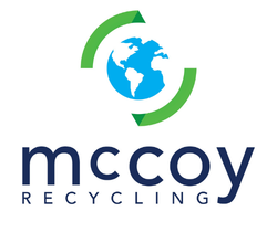 Logo featuring a blue and white globe at the top, surrounded by two curved green arrows forming a partial circular shape. Below the graphic, the word 'mccoy' appears in large blue lowercase letters, with the word 'RECYCLING' in smaller spaced‑out blue uppercase letters underneath.