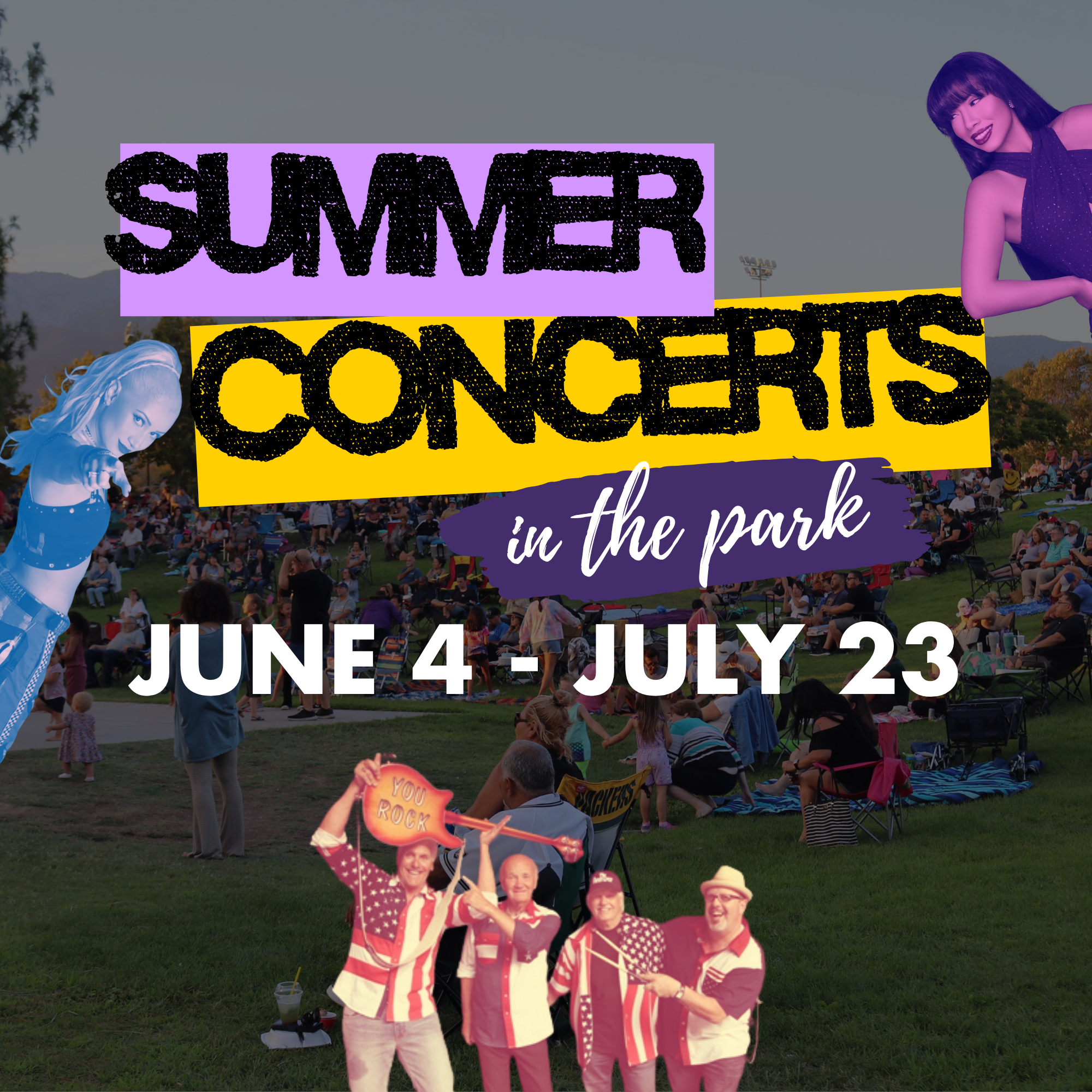 A promotional graphic for “Summer Concerts in the Park,” featuring bold, colorful text over a background of a large grassy park filled with people sitting on blankets and lawn chairs. Decorative illustrations of performers and musical elements are placed around the image, and the event dates “June 4 – July 23” appear prominently at the bottom.