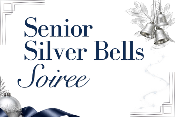 Senior Silver Bells Soiree" event on a white background. The event title appears in large navy blue lettering, with "Soiree" in an elegant script font. Silver holiday bells with frosted leaves decorate the upper-right corner, while a silver ornament with a navy ribbon accents the lower-left corner. Delicate silver geometric corner borders frame the design, and a subtle sparkling swirl adds a festive touch along the right side. The overall style is elegant, festive, and winter-themed.