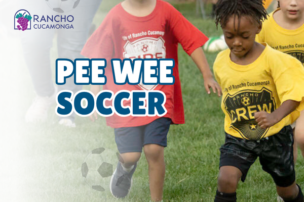 Promotional graphic for Pee Wee Soccer featuring young children running and kicking soccer balls on a grassy field. The Rancho Cucamonga logo appears at the top left, large bold text reads ‘Pee Wee Soccer'