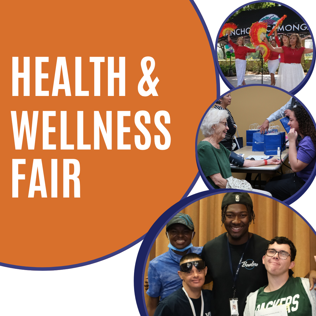 Graphic titled ‘Health & Wellness Fair’ with large white text on an orange background on the left side. On the right, three circular photos show event activities: a group performing with colorful props outdoors, a wellness check taking place at a table with medical equipment, and a small group of attendees posing together inside. The design features curved shapes in blue and orange framing the images.