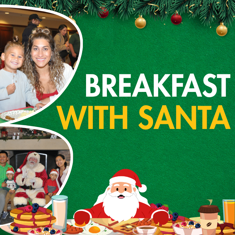 Festive event promotion showing families enjoying a holiday breakfast and meeting a costumed Santa. Decorative greenery and illustrated breakfast foods frame the text “Breakfast With Santa,” highlighting a community holiday gathering.
