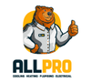 Logo showing a friendly illustrated bear wearing a work shirt and giving a thumbs-up. Below the bear, the text reads 'ALL PRO' in bold letters, followed by smaller text listing services: cooling, heating, plumbing, electrical