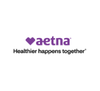 Logo for Aetna featuring a purple heart symbol followed by the word 'aetna' in lowercase purple letters. Beneath the logo, smaller text reads 'Healthier happens together.'