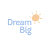 Logo with the words 'Dream Big' in soft blue letters. A simple peach-colored sun with short rays appears to the upper right of the text.