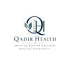 Logo for Qadir Health featuring a stylized circular emblem with the letters 'Q' and 'H' integrated into the design. The circle includes two small green leaves on the left side. Below the emblem, the text reads 'Qadir Health' in dark lettering. Smaller text underneath says 'Addiction Medicine & Wellness' followed by the tagline 'Healing Today. Building Tomorrow.