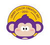 Round yellow logo with a purple cartoon monkey face centered inside. The monkey has large rounded ears, a simple beige face, and wide circular eyes. Text around the top edge of the circle reads 'Libby Color Creative Art – 2015.