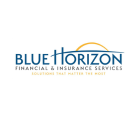 Logo for Blue Horizon Financial & Insurance Services. The text 'Blue Horizon' appears in blue capital letters with a yellow curved line above representing a horizon or sunrise. Below, smaller text reads 'Financial & Insurance Services,' and the tagline 'Solutions That Matter the Most' appears underneath.