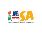 Logo with the letters 'IASA' where the first letter incorporates the colors and wheel symbol of the India flag, the second letter is styled with the stars and stripes of the United States flag, and the remaining letters appear in bold yellow. Below the letters, the text reads 'Indo American Social Association.