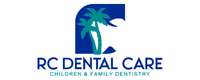 Logo for RC Dental Care featuring a stylized blue shape with two teal palm trees in the center. Below the graphic, the text reads 'RC Dental Care' in large blue letters, with smaller text underneath that says 'Children & Family Dentistry.