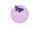 Logo for Wings Physiotherapy, Inc. displayed inside a soft lavender circle. Centered white text reads 'Wings Physiotherapy, Inc.' A detailed purple butterfly with white accents rests at the top edge of the circle, with thin black antennae extending upward. Light curved lines accent the circular design in the background.