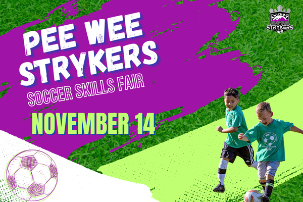 Promotional graphic for the “Pee Wee Strykers Soccer Skills Fair.” Large white text with a textured style appears on a purple paint‑stroke background. Below it, smaller text reads “Soccer Skills Fair.” The date “November 14” is displayed in bright green letters. On the right side, two young participants wearing matching green shirts are running on a soccer field with a ball. The background includes green grass and abstract paint‑style design elements, with a soccer ball illustration in the lower left corner