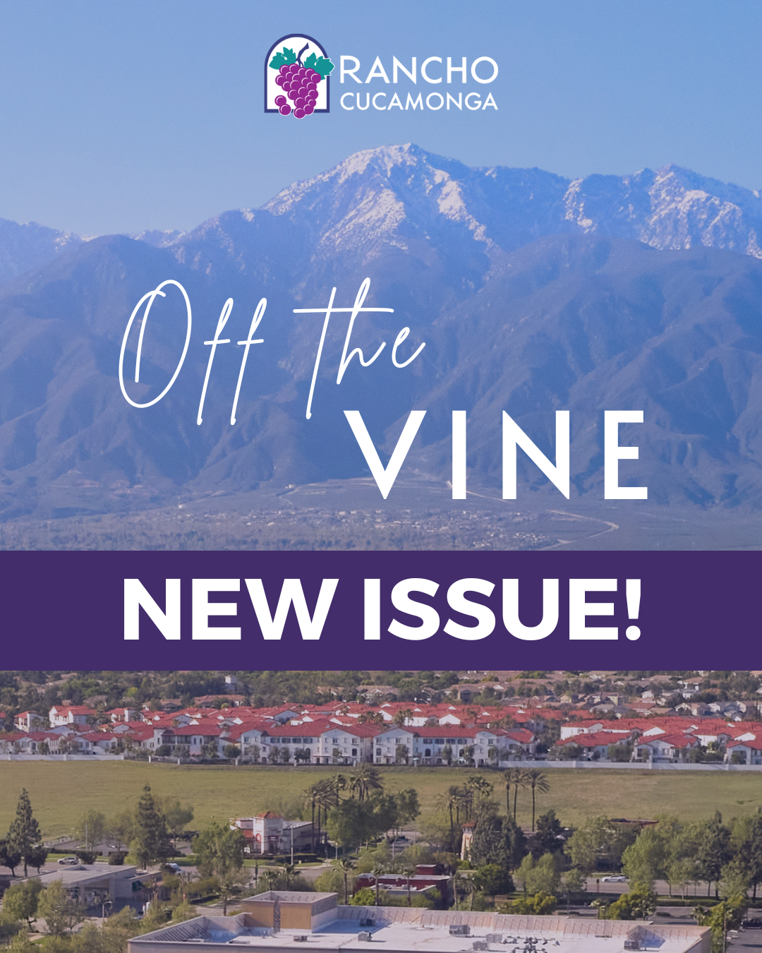 New issue announcement of Rancho Cucamonga’s “Off the Vine” newsletter. The City of Rancho Cucamonga logo and the words “Off the Vine – New Issue!” appear over a scenic view of the San Gabriel Mountains and the Rancho Cucamonga community.