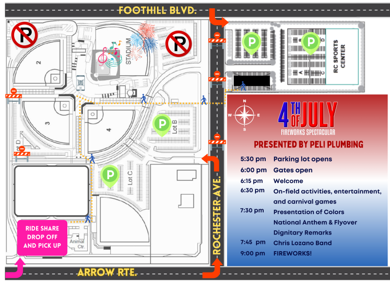 A detailed event map for a 4th of July Fireworks Spectacular shows a large stadium complex bordered by Foothill Boulevard at the top, Arrow Route at the bottom, and Rochester Avenue on the right. Multiple parking lots are marked with green “P” icons, while several areas along Foothill Boulevard and near two corners of the complex display “No Parking” symbols. A designated ride‑share drop‑off and pick‑up zone is highlighted in pink near Arrow Route on the bottom left. Pedestrian pathways are indicated with d