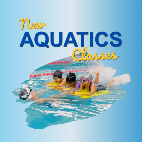 Graphic with the text 'New Aquatics Classes' above a scene of individuals using kickboards while practicing swimming in a pool.