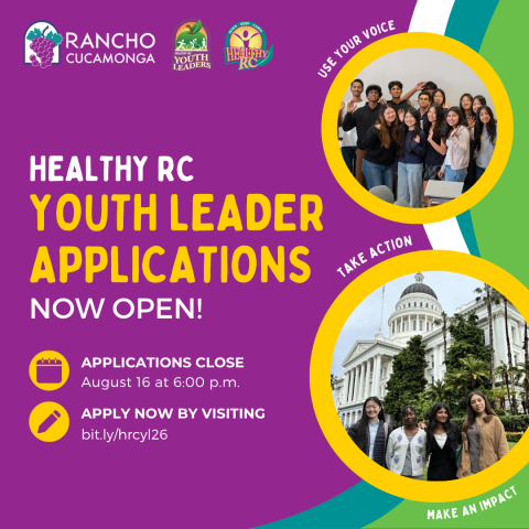 City of Rancho Cucamonga Healthy RC Youth Leaders applications now open until August 16 at 6:00 p.m.