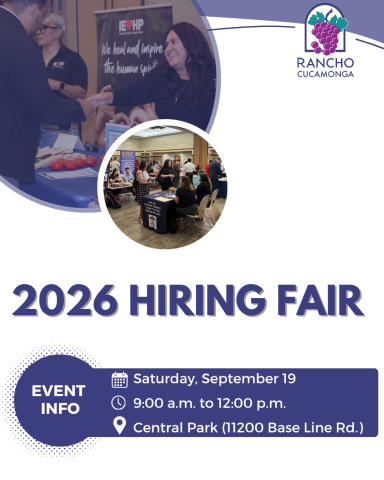 City of Rancho Cucamonga's 2026 Hiring Fair featuring job seekers connecting with employers. The event will be held Saturday, September 19, from 9:00 a.m. to 12:00 p.m. at Central Park, 11200 Base Line Road.