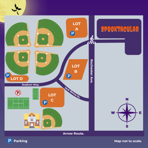 A labeled event map showing four baseball fields, tennis courts, a community building, and parking lots A–D with accessible routes leading to the “Spooktacular” event area along Rochester Avenue. Key streets (Stadium Way, Jack Benny Drive, and Arrow Route) and parking icons highlight where attendees can park and walk to the event.