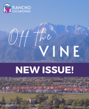 Illustration of the mountains and neighborhood with the text Off the Vine New Issue! on the front along with the City of Rancho Cucamonga logo with grapes and purple arch.
