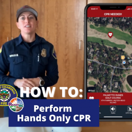 Image of firefighter and phone screen with text that says how to perform hands only cpr.