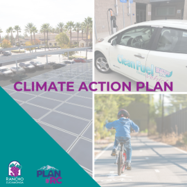 Climate Action Plan web image thumbnail of electric vehicle, solar panels, boy riding bike