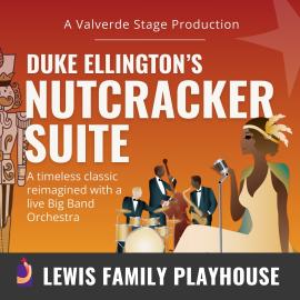 Woman in a golden dress and a feather headband holding a microphone. A Valverde Stage Production. Duke Ellington's Nutcracker Suite. A timeless classic reimagined with a live Big Band Orchestra. Lewis Family Playhouse footer.