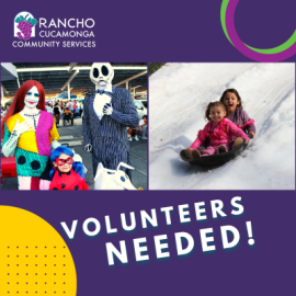 Volunteer Needed for Fall / Winter Season. Purple, yellow, and green background with two center photos. Photo one is a Halloween Event with a child dressed up in a blue wig and red and black polka dot mask and sweater with Jack and Sally characters from the Nightmare Before Christmas. Right photo is a two girls siting in one sled - going sledding down an a snowy hill.