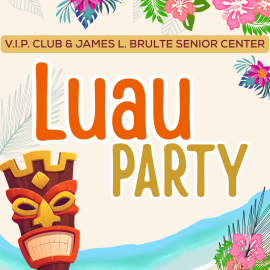 Luau Party event flyer featuring tropical flowers, a tiki mask, and details for a morning gathering at Central Park